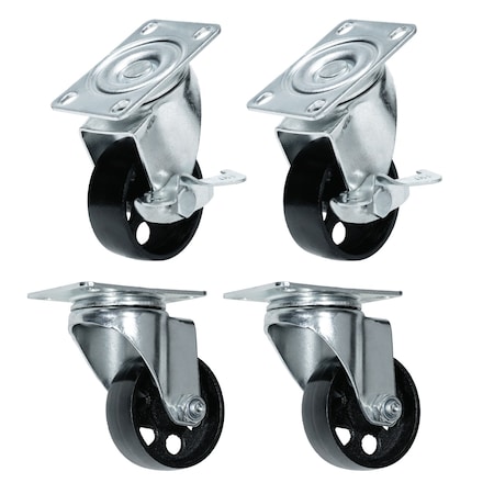 Powertec 3in Cast Iron Swivel Caster Wheels Set, 992 lbs Loads, Plate Casters - 2 with Brake 17225