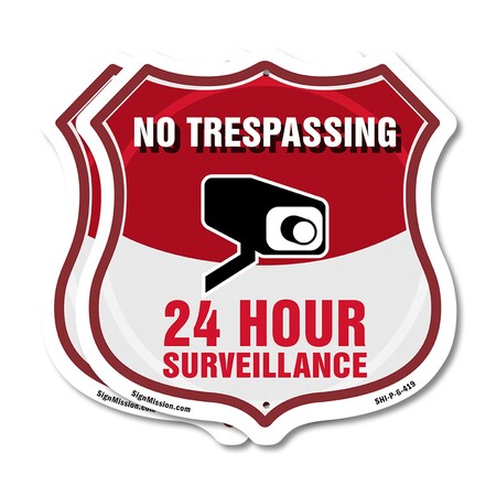 Signmission No Trespassing Shield Sign 24 Hour Surve, 6 inch X 6 inch, Plastic Sign, 2PK SHI-P-2PACK-6-419