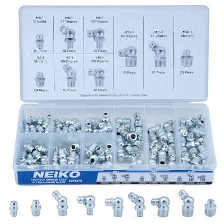 Neiko Grease Fitting Assortment, 135 Piece, Metric, Straight & Angled Zerk Grease Fittings Kit 50467A