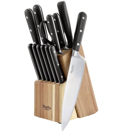 Martha Stewart 14 Piece Stainless Steel Cutlery Set in Black with Acacia Wood Storage Block 122062.14