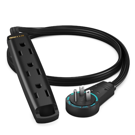 Maximm 1ft 16AWG 3-Outlet 360 degrees Flat Plug Extension Cord w/ Loop, UL, Black ADW-360-C3F01-16B0