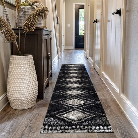 World Rug Gallery Geometric Grid Pattern Shag Runner Rug 2 ft 3 in x 12 ft Anthracite WR129ANTHRACITE2X12