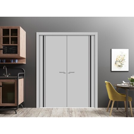 Sartodoors Planum Solid French Double Doors, Planum 0011 Matte Grey and Aluminum Strips, Wood Solid Panel Fram PLANUM0011DD-GRE-36