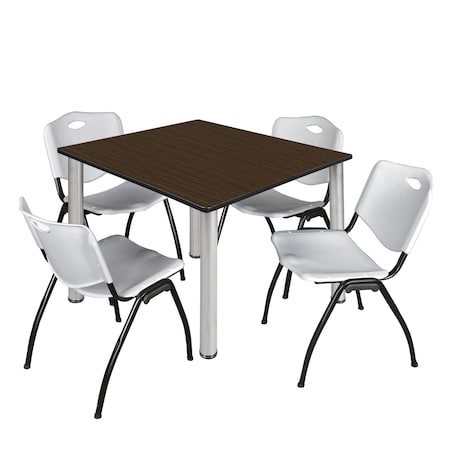 Regency Square Kee Breakroom Table W/ 4 M Stack Chairs, 48 in W, 48 in L, Neo Walnut TB4848NWBPCM47GY