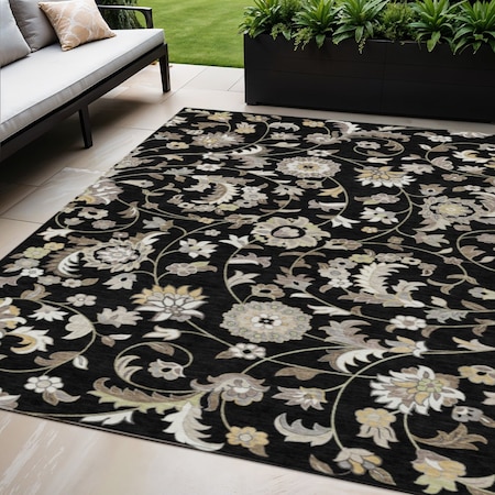 Homeroots 5' X 8' Black Beige And Ivory Floral Washable Indoor Outdoor Area Rug 597801