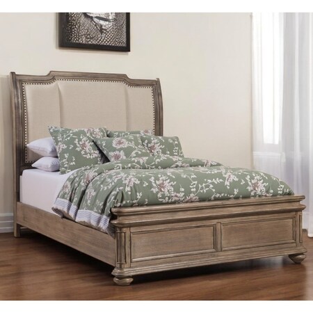 Homeroots Brown and Beige Distressed Solid Wood And Faux Leather California King Bed Frame with Nailhead Trim 524792