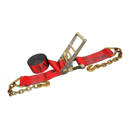 Tie 4 Safe 4'' x 50' Ratchet Strap w/ Chain Extension. WLL: 5,400 LBS Red RT21R-1550-F87-R-C-1
