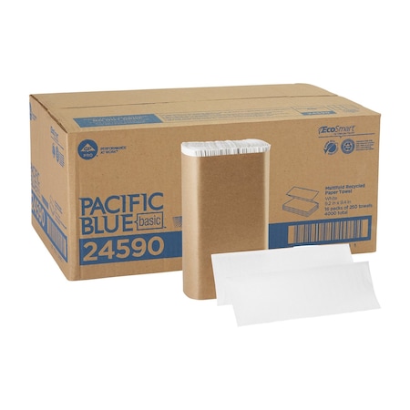 Georgia-Pacific Pacific Blue Basic Multifold Paper Towels, 1 Ply, 250 Sheets, White, 16 PK 24590