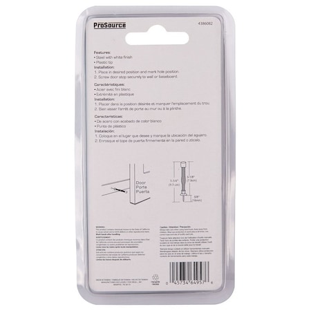 Prosource Light-Duty Door Stop, 3/4 in Dia Base, 3 in Projection, Plastic & Steel, White H61-Z015C-PS