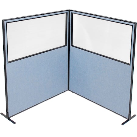 Global Industrial Interion Freestanding 2-Panel Corner Room Divider w/Partial Window 60-1/4"W x 72"H Panels Blue 695105BL