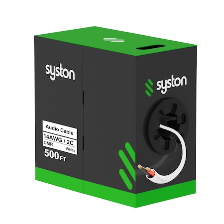 Syston Cable Technology 14/2 Speaker Wire Audio Cable 500ft, Oxygen Free Copper, Riser CMR CL3R, In-Wall 4202-500WH
