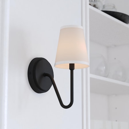 Vaxcel Briar 1 Light Matte Black Traditional Wall Sconce White Linen Shade W0474