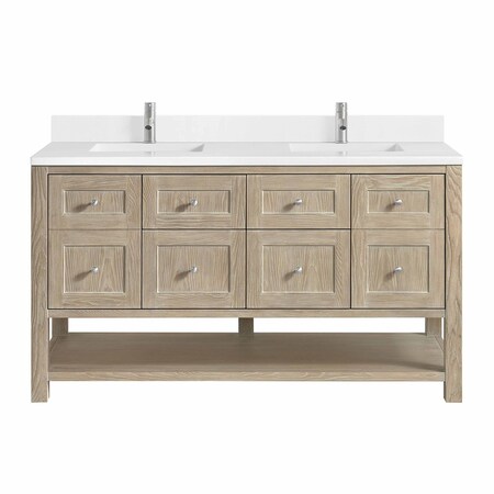 James Martin Vanities 60 in. Double Vanity, Whitewashed Oak, w/Single Hole 3 CM White Zeus Quartz Top & Backsplash 330-V60D-WWO-1WZ
