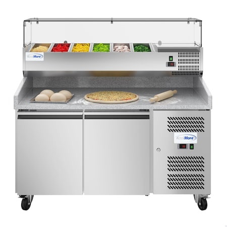 Koolmore 59 in. Two-Door Refrigerated Granite Top Pizza Prep Station with Refrigerated Condiment Pan Holder KM-RPCPS-2D59-GRT
