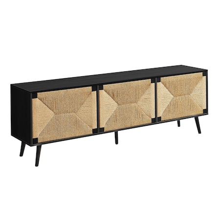 Monarch Specialties Tv Stand, 72 Inch, Media Entertainment Center, Storage Cabinet, Black Laminate, Seagrass-look I 2782