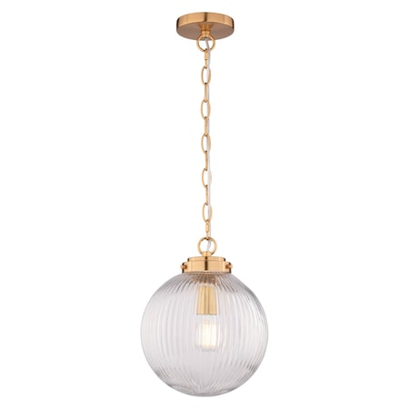 Vaxcel Linden 1-Light Muted Brass Gold Globe Pendant Light with Clear Ribbed Glass Shade Art Deco P0457