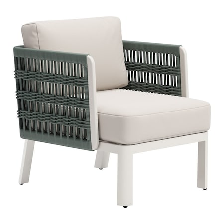 Homeroots 27" Green And White Aluminum Outdoor Accent Chair with White Cushion 668768