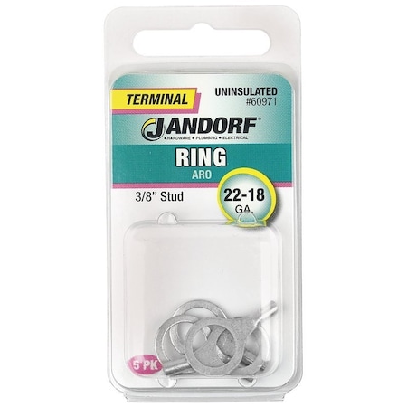 Jandorf Non-Insulated Ring Terminal, 22 to 18 AWG Wire, 3/8 in Stud, Copper Contact 60971
