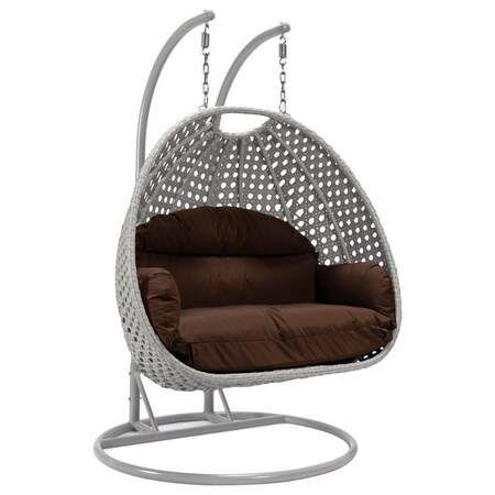 Leisuremod Mendoza Light Grey Wicker Hanging 2 person Egg Swing Chair with Brown Cushions MSCLGR-53BR