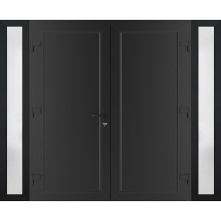 Vdomdoors Front Exterior Prehung Metal-Plastic Double Doors / MANUX 8111 Matte Black / 2 Sidelites Exterior W MANUX8111DEXD-BLK-RH-W16+72+16xH80