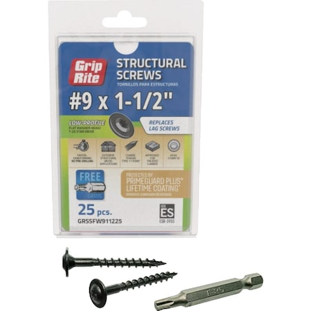 Grip-Rite PrimeGuard Plus No.9x1.5'' Flat Washer Head Structure Screw, 25-Count GRSSFW911225