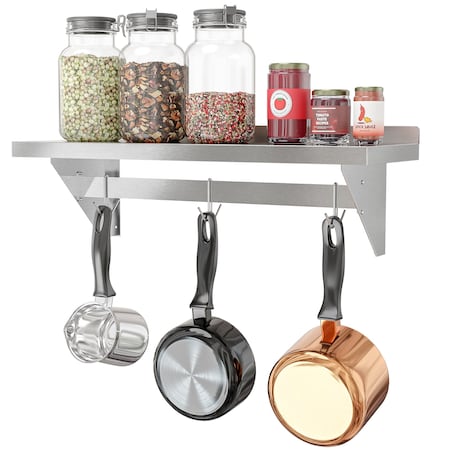 Koolmore 12'' x 36'' 18-Gauge Stainless-Steel Heavy Duty Wall Shelf with Pot Rack, . WMPS-1236