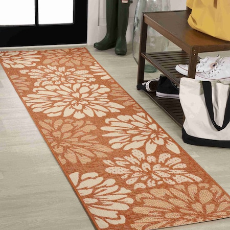 Jonathan Y Zinnia Modern Floral Textured Weave Orange/Cream 2 ft. x 10 ft. Indoor/Outdoor Runner Rug SMB110E-210