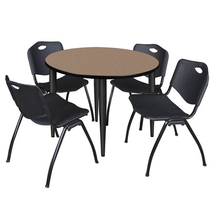 Regency Round Kahlo Breakroom Table W/ 4 M Stack Chairs, 36 in W, 36 in L, Noble Oak TPL36RNDNOBK47BK