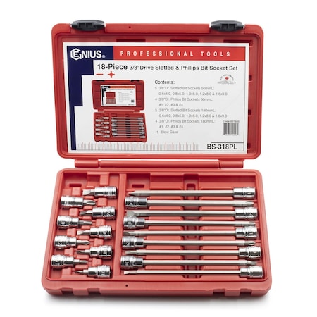 Genius Tools 18PC 318in Dr. Slotted & Philips Long Bit Socket Set BS-318PL
