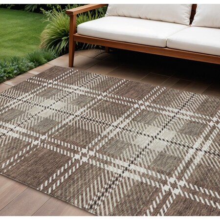 Homeroots 10' X 14' Brown Black And Ivory Plaid Washable Indoor Outdoor Area Rug 596320