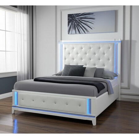 Homeroots White Faux Crystal Bling Wood And Tufted Cotton Lighted Queen Bed Frame 634330