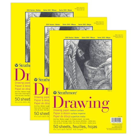 Strathmore 300 Series Drawing Pad, Glue Binding, 50 Sheet, 9x12 inch, 3PK P340-109-1