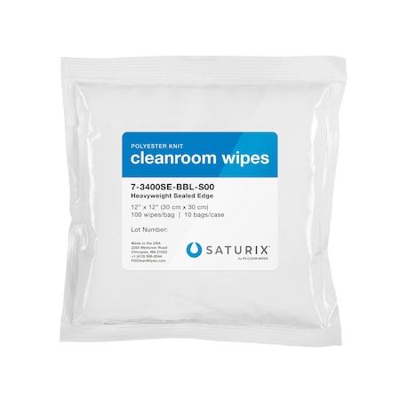 Saturix 145 GSM Polyester Knit Dry Cleanroom Wipes, 12 in x 12 in, 100 wipes per bag 7-3400SE-BBL-S00