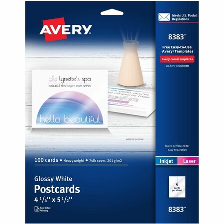 Avery Photo-Quality Glossy Postcards for Inkjet Printers, 4" x 6", Glossy White, 100/Pack 8383