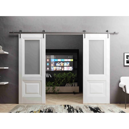 Sartodoors Sturdy Dbl Barn Door 64 x 84in W/, White Silk W/ Frosted Glass, SS 13FT Rail Hangers Heavy Set LUCIA8822DB-S-WS-6484