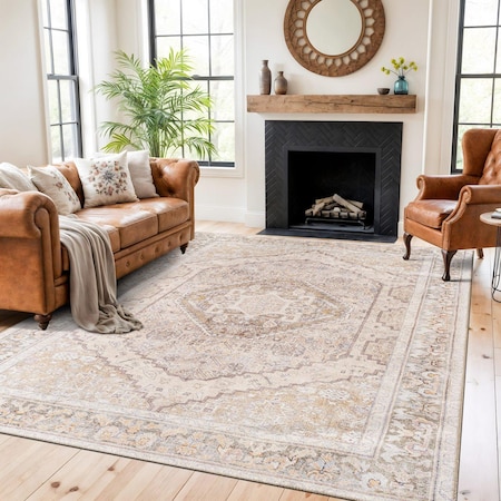 World Rug Gallery Beige Medallion Flat Pile Washable Rug, Pet Friendly, Non-Slip, 7ft 7in x 9ft 6in WR170BEIGE8X10