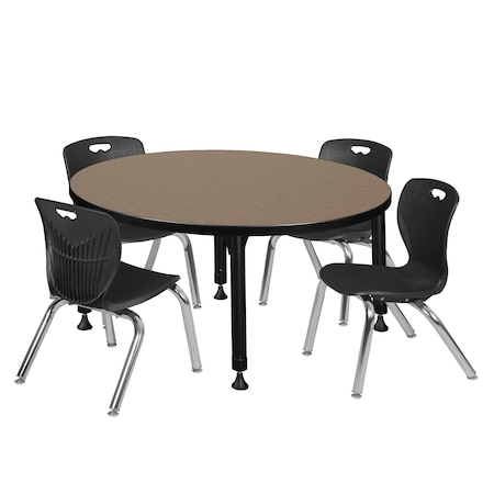 Regency Round Kee Adjustable Classroom Table W/ 4 Andy Stack Chairs, 42 in W, 42 in L, Noble Oak TB42RNDNOAPBK45BK