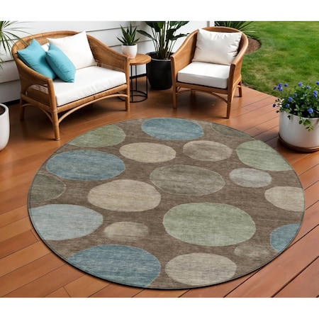 Homeroots 8' Chocolate Fern Green And Teal Blue Round Geometric Washable Indoor Outdoor Area Rug 630569