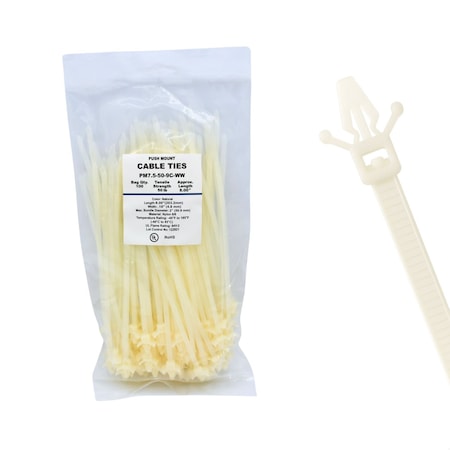 Cable Ties Unlimited Push Mount Cable Tie, Wings, 7.5 in L, 50 lb Strength, 1.8 in Max Bundle Dia, Nylon, Natural, 100PK PM7.5-50-9C-WW