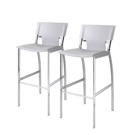 Homeroots Set of Two 29" White and Silver Metal and Faux Leather Low Back Bar Height Bar Chairs, 2PK 555056