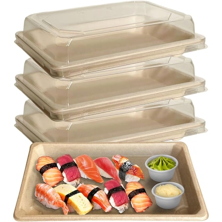 Ecoquality 0.8L Compostable Natural Sugarcane Bagasse With Lid Small Take Out Sushi Tray, 100PK EQ08LSUSHIWL-100