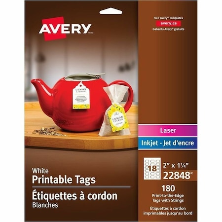Avery Printable Tags with Strings, Paper, Card Stock, 1-1/4 in W, White, Rectangle, 180 PK 22848