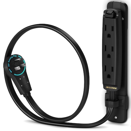 Maximm 1ft 16AWG 3-Outlet 360 degrees Flat Plug Extension Cord w/ Bracket, UL, Black ADW-360-C3F01-16B0-WM