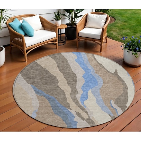 Homeroots 8' Taupe Tan And Blue Round Abstract Washable Indoor Outdoor Area Rug 601016
