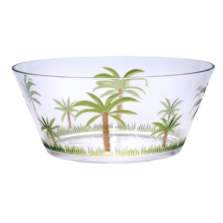 Homeroots 10" Clear and Green Palm Tree Acrylic Round Salad Bowl 520904