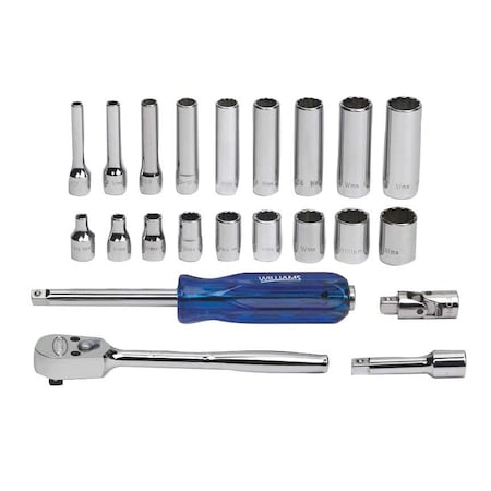 Williams Socket Set, 1/4" D, 12Pt, 22pcs., JHWWSM-22F JHWWSM-22F