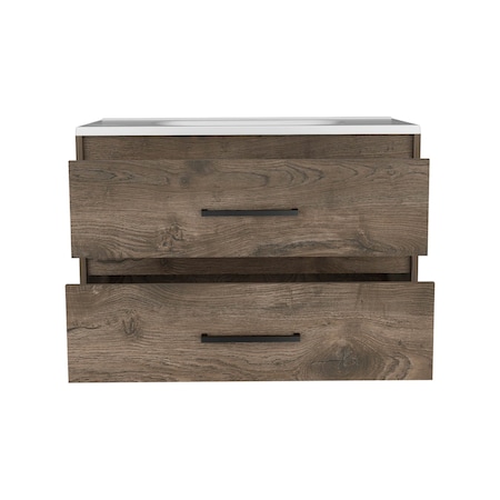 Homeroots 32" Natural And Black Wood Floating Bathroom Vanity With White Sink And Two Drawers 543635