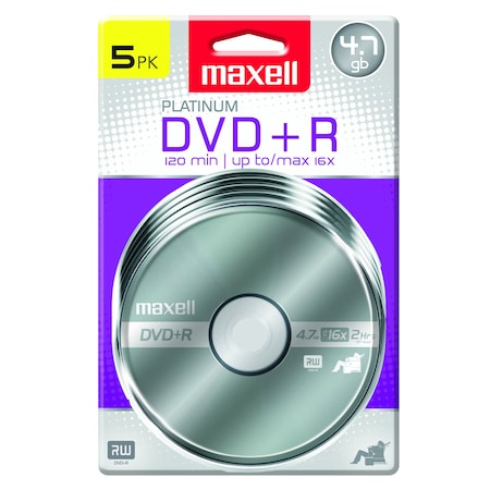 Maxell DVD+ R16X MLA WRITE ONCE 4.7GB UP TO 120 MIN RECORDING 5PK HANGING, 5PK 639031
