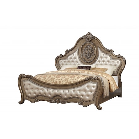 Homeroots Oak and Bronze Solid Wood King Tufted Upholstered Faux Leather Bed Frame with Nailhead Trim 348189