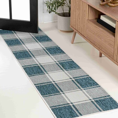 Jonathan Y Sabine Traditional Farmhouse Bold Gingham Turquoise/Cream 2 ft. x 8 ft. Indoor/Outdoor Runner Rug TSN203E-28
